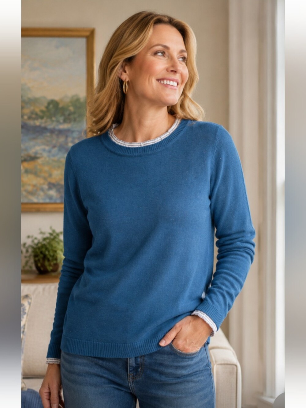 Loft Teal Crew Neck Sweater with Striped Trim size Large